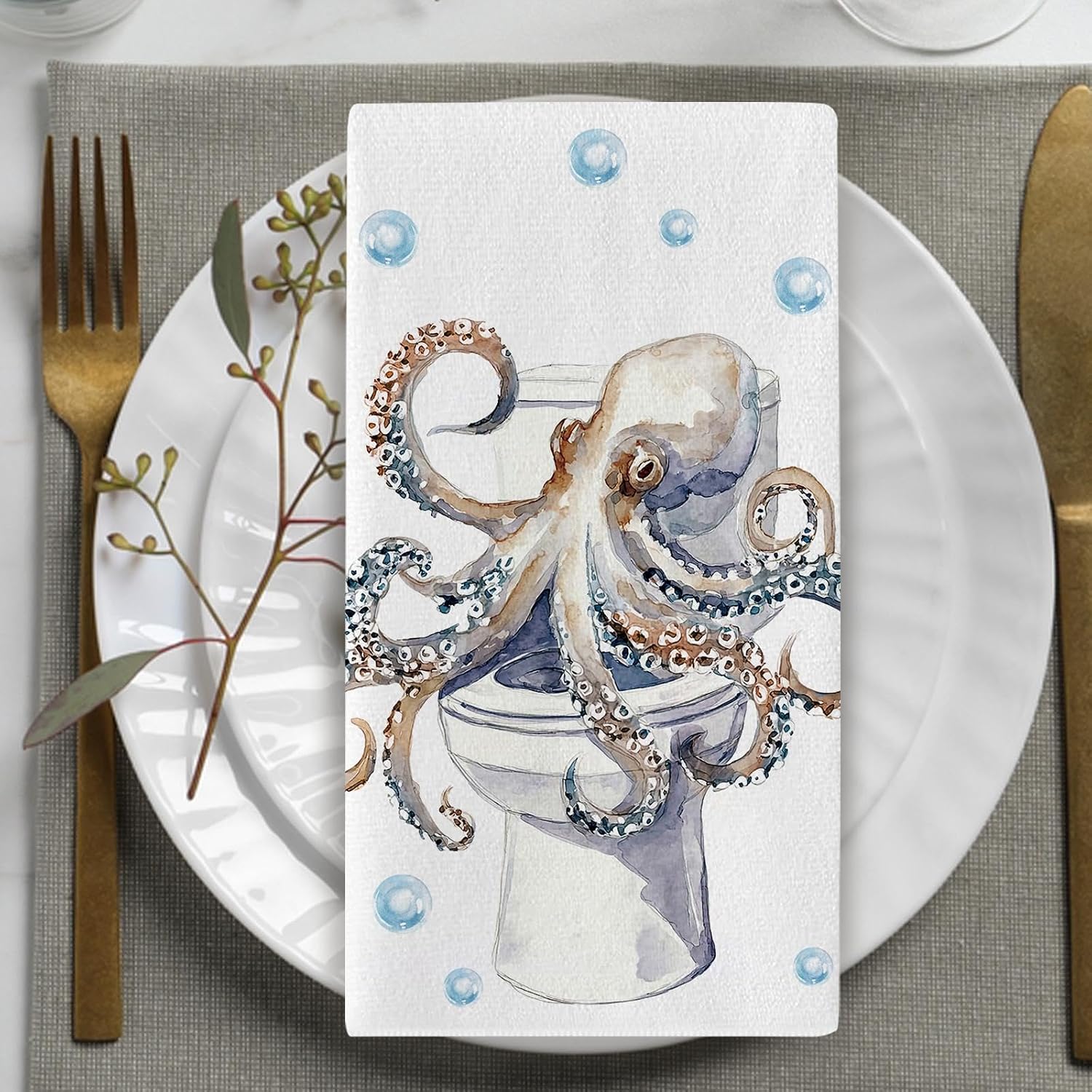 Coastal Octopus Bathroom Kitchen Dish Towels Set of 2, Watercolor Ocean Toilet Book Beach House Drying Hand Towel Baking Cooking Cloth, Nautical Sea Washroom Restroom Home Decor 18'' x 26''