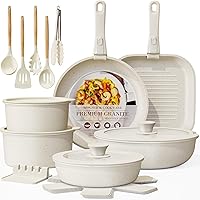 Astercook 23-Piece Ceramic Nonstick Cookware Set with Detachable Handles - Stackable, Oven Safe, Induction Ready, Cream White