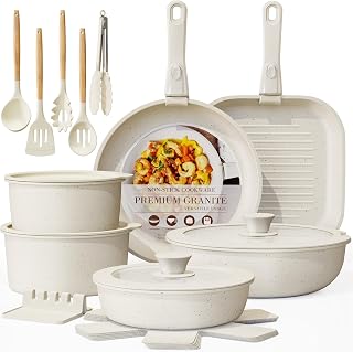 Astercook 23-Piece Ceramic Nonstick Cookware Set with Detachable Handles - Stackable, Oven Safe, Induction Ready, Cream White