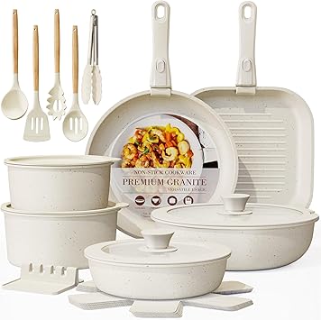 Astercook 23 Pcs Pots and Pans Set Non Stick, Ceramic Cookware Set Detachable Handle, RV Kitchen Cooking Set Removable Handles, Oven Safe, Induction Ready, Stackable, Cream, Fathers Day Gift for Men