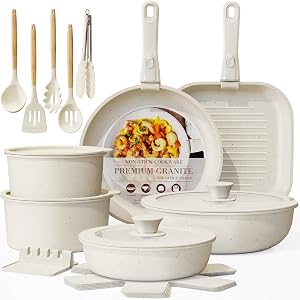 Astercook 23 Pcs Pots and Pans Non Stick Ceramic Cookware Set Detachable Handle RV Stackable Kitchen Cooking Set