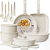 Astercook 23 Pcs Pots and Pans Non Stick Ceramic Cookware Set Detachable Handle, RV Stackable Kitchen Cooking Set Removable Handles, Oven Safe, Induction Ready, Cream White