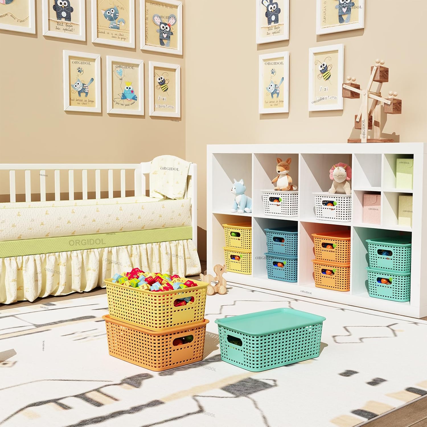 Plastic Storage Basket with Lids 12 Pack Stackable Colorful Storage Bins Containers with Lid, Decorative Storage Boxes for Organizing Shelves, Drawers, Playroom, Classroom, Office, Closet