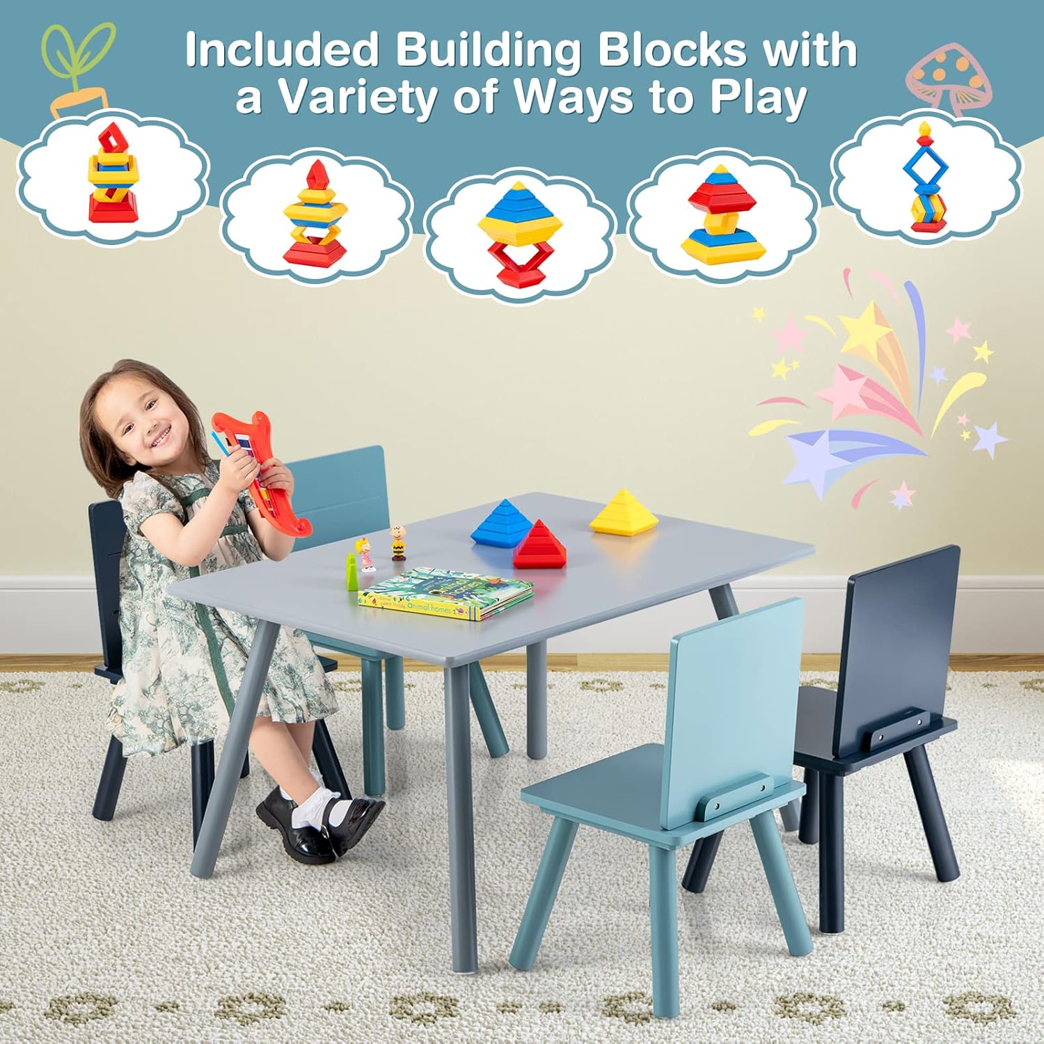 Costzon Kids Table and Chairs, 5 Pieces Desk Set with Toys Bricks for Playing, Dinning, Drawing, Toddler Table and Chair Set for 3-7 Years Old Boys Girls