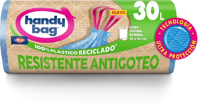 Handy Bag Bolsas de Basura Resistente Antigoteo, 100% Reciclado, Autocierre, 30L, 12 Bolsas, 1 Paquete