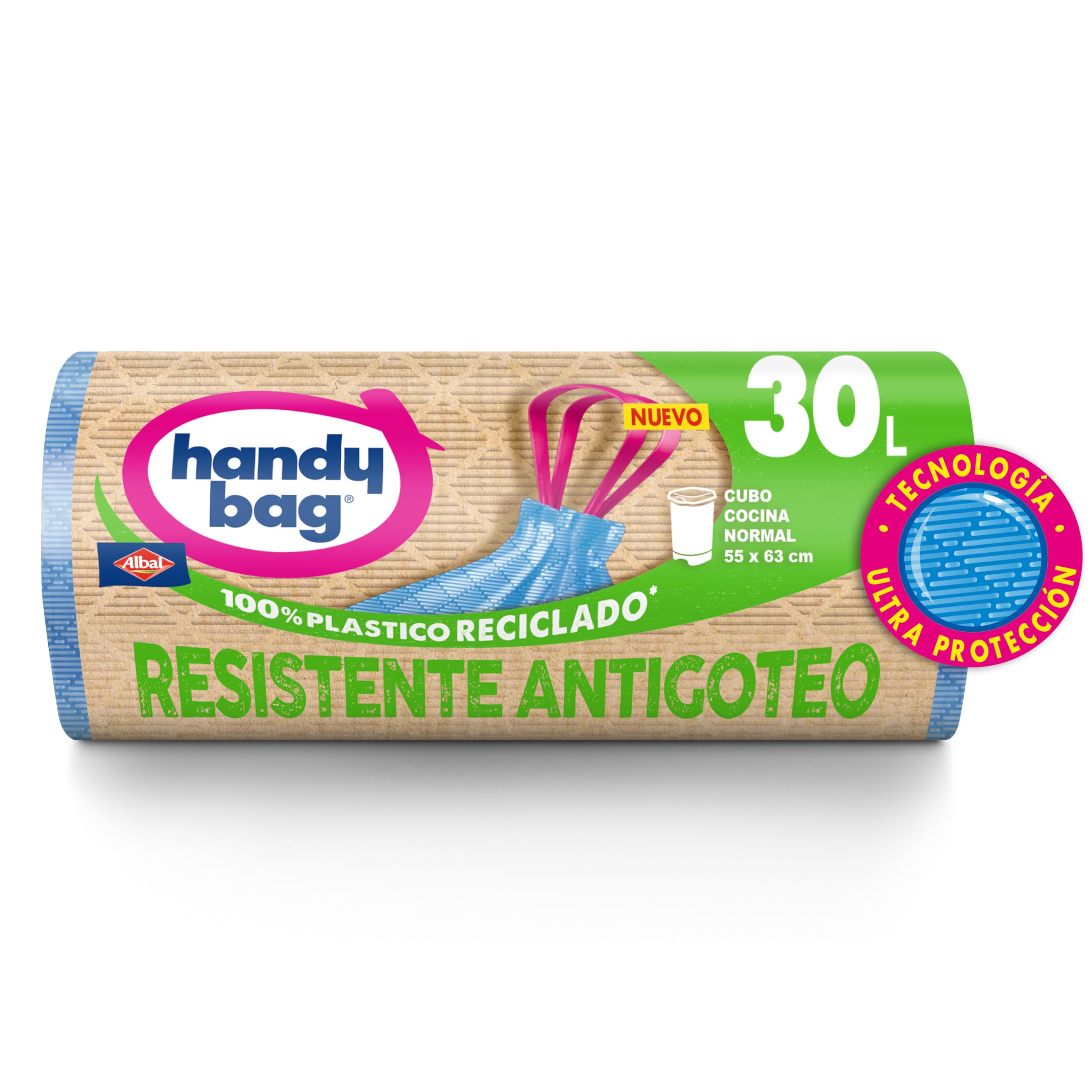 Handy Bag Bolsas de Basura Resistente Antigoteo, 100% Reciclado, Autocierre, 30L, 12 Bolsas, 1 Paquete