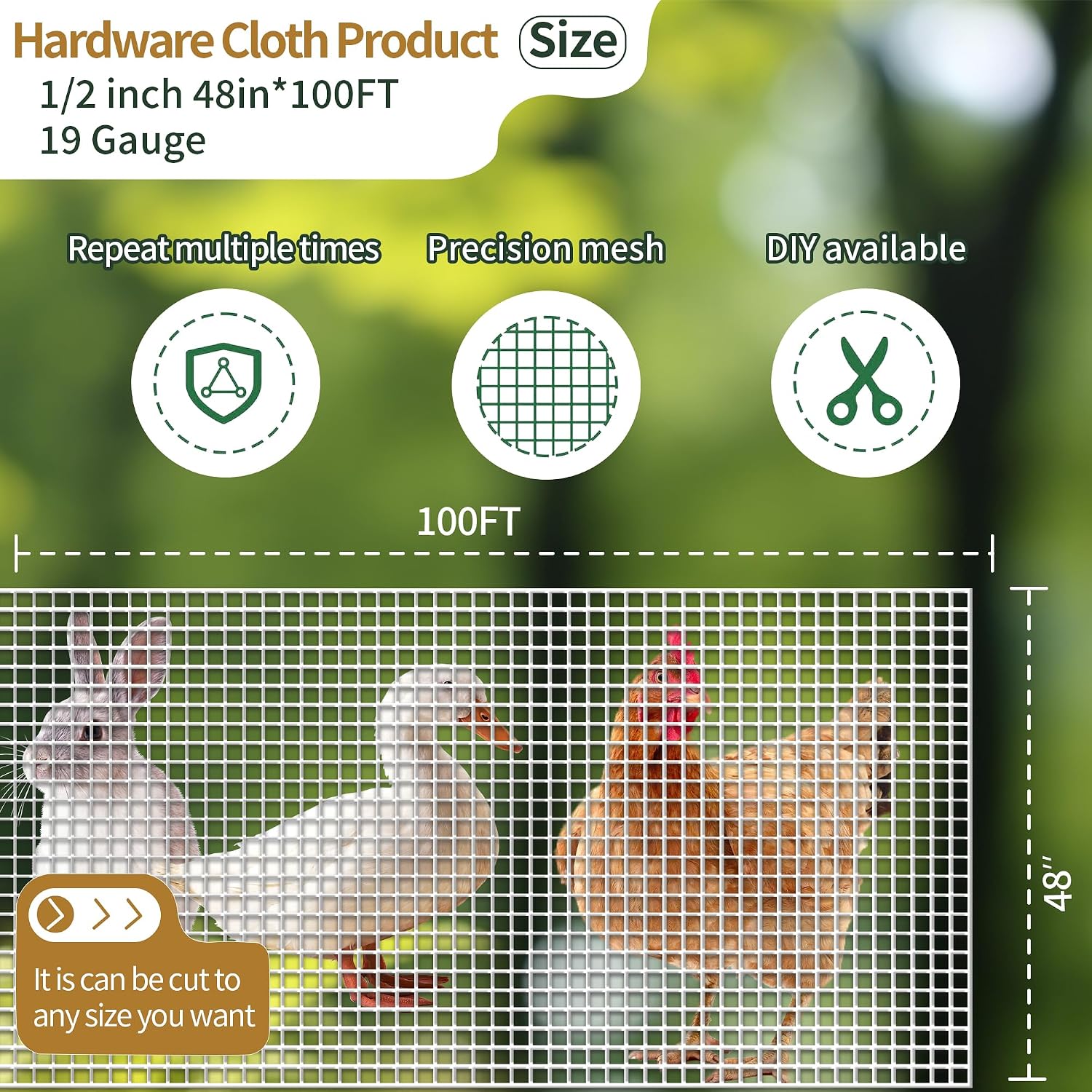 Hardware Cloth, 19Gauge 1/2 inch 48inch×100ft Galvanized Chicken Wire Fence Galvanized Wire Mesh Roll Plant Welded Metal Wire Fence Supports Poultry Animal Netting Cage Fence Used in Industry, Farm