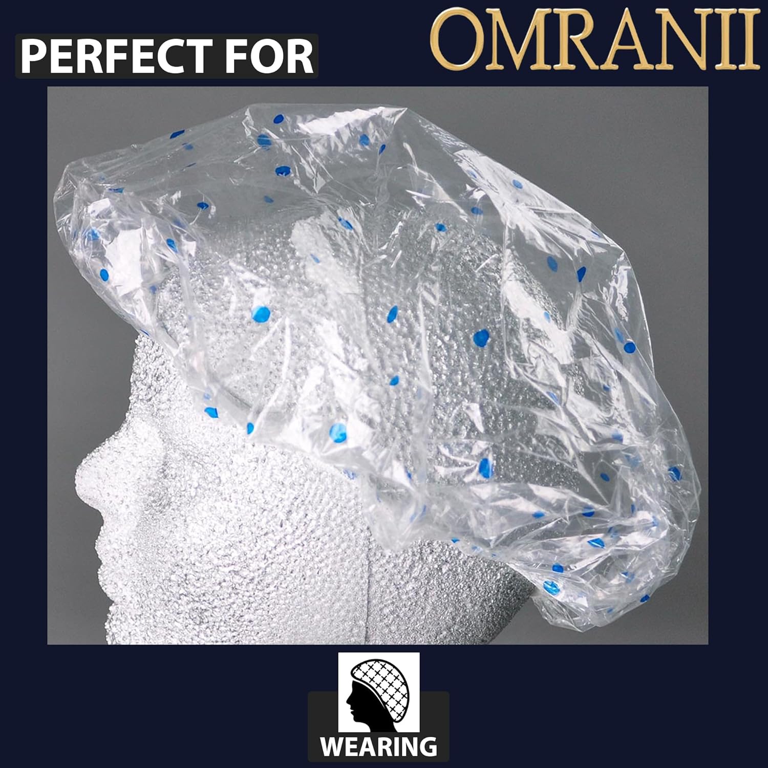 LDPE Shower Cap 0.8Mil, 100 Caps | Individually Packaged Disposable Shower Caps with Elastic Band for Hospitality, Patient Care, or Home Use | Clear with Blue Dot Design & Packaged in Dispenser Carton