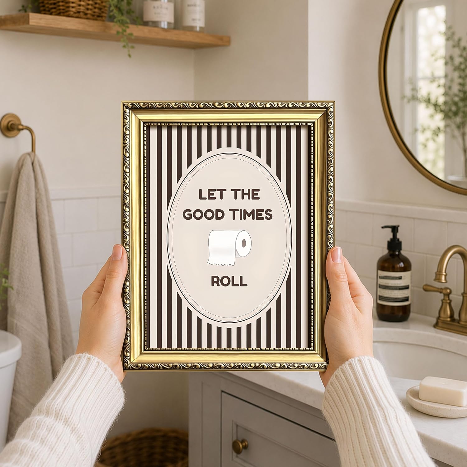 Vintage Gold Framed Fun Bathroom Wall Decor, Let The Good Times Roll Toilet Paper Canvas Wall Art, Humorous Black and White Stripe Restroom Print Picture Poster for Guest Bathroom Home 8x10 Inch image 5