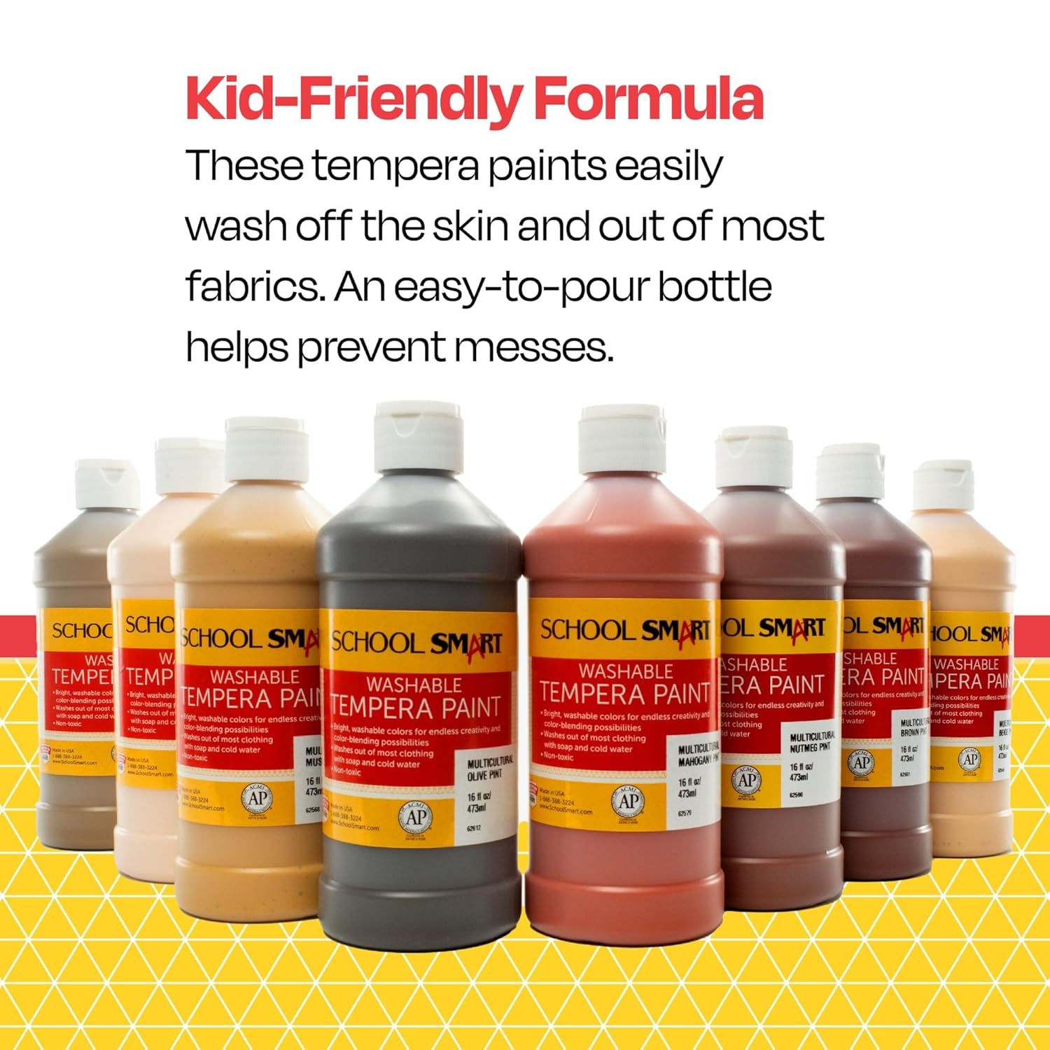 School Smart Washable Tempera Paints for School and Arts and Crafts Use, 16 Ounces Each, Assorted Multicultural Colors, Set of 8