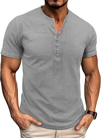 Mens Short Sleeve Henley Shirts Summer Cotton T-Shirt Casual Basic Button Tshirt Classic Solid Tee Shirt Tops