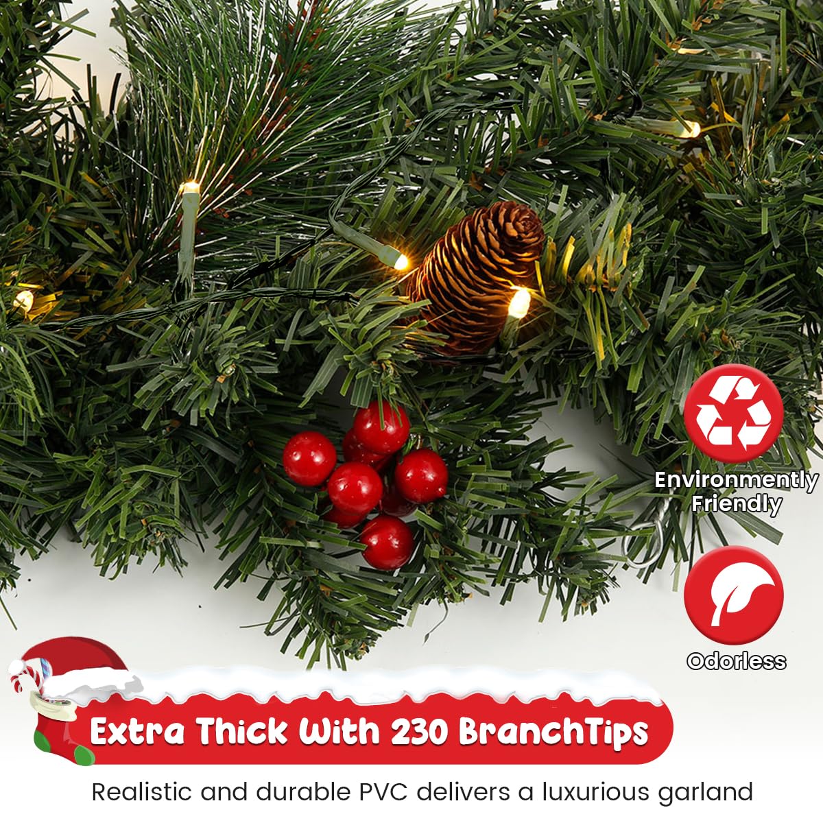 Guirlande Sapin De Noël Artificielle 2,7 M Avec 30 LED - Étanche, Minuterie Automatique - Pour Intérieur Et Extérieur - Décoration Cheminée, Escalier, Mur