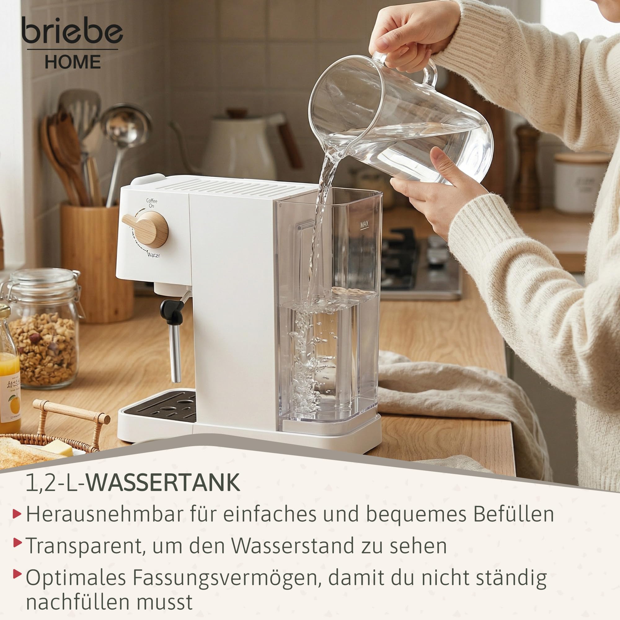 briebe Nordic Kaffeemaschine 20 Bar Kompatibel Nespresso-Kapseln und Kaffeemehl, Espresso Siebträgermaschine 1350W, Milchaufschäumer, Touch-Display, 1,2L Wassertank, Skandinavisches Design, Weiß
