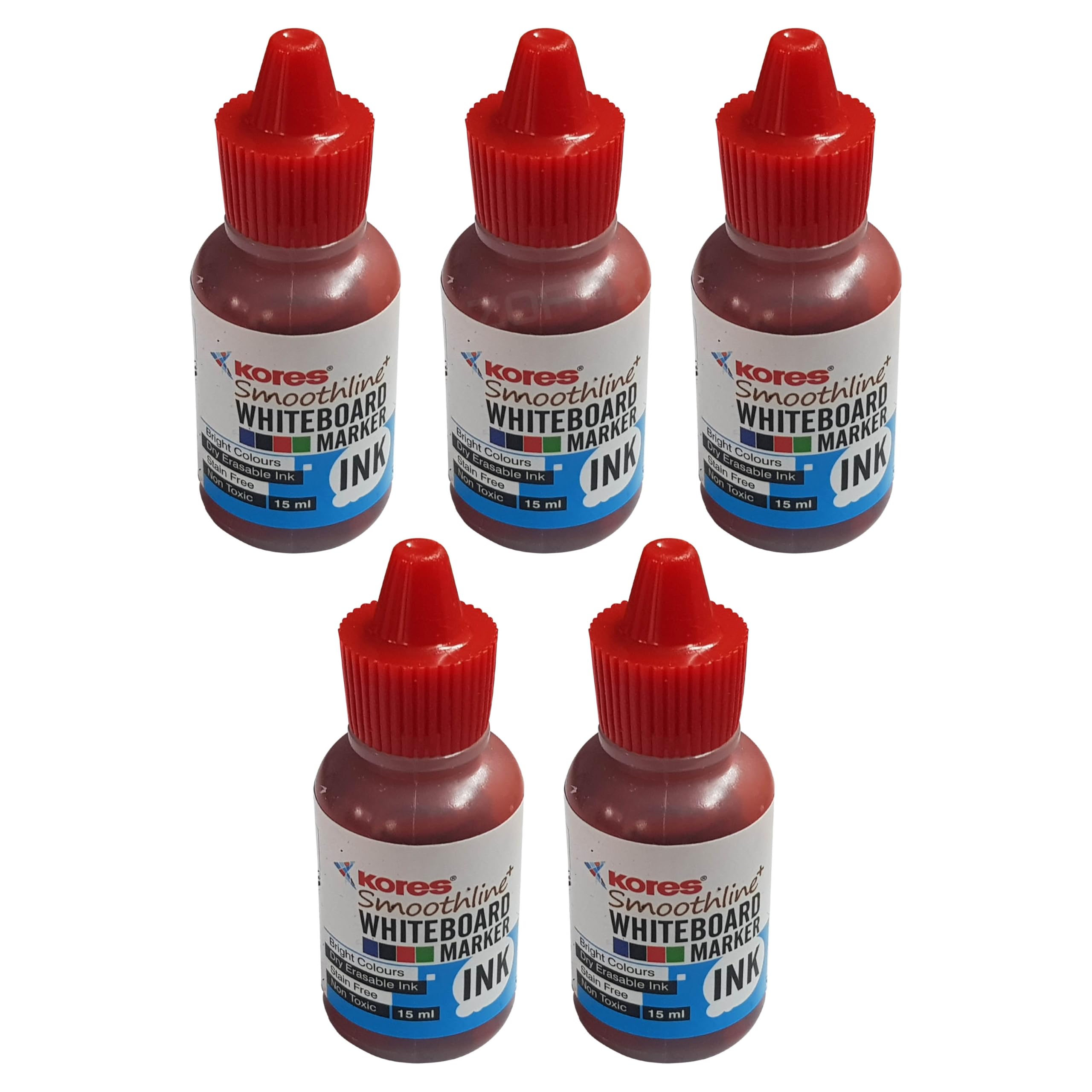 Kores Smoothline+ Whiteboard Marker Ink Refill Bottles, RED, 15ml per Bottle, Pack of 5, Ink Refills for Whiteboard Dry Erase Marker Pens
