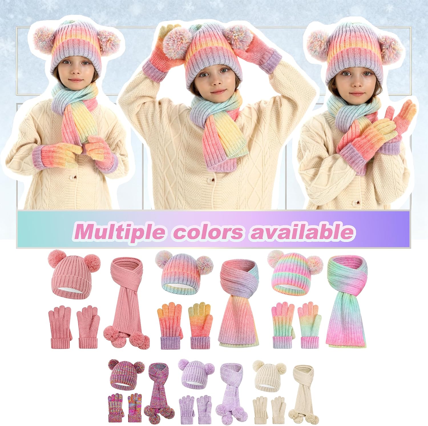 Kids Winter Hat Scarf Gloves Set, Girls Toddler Children's Beanie with PomPom Knit Hats Scarves Mittens for Christmas 2-15Y