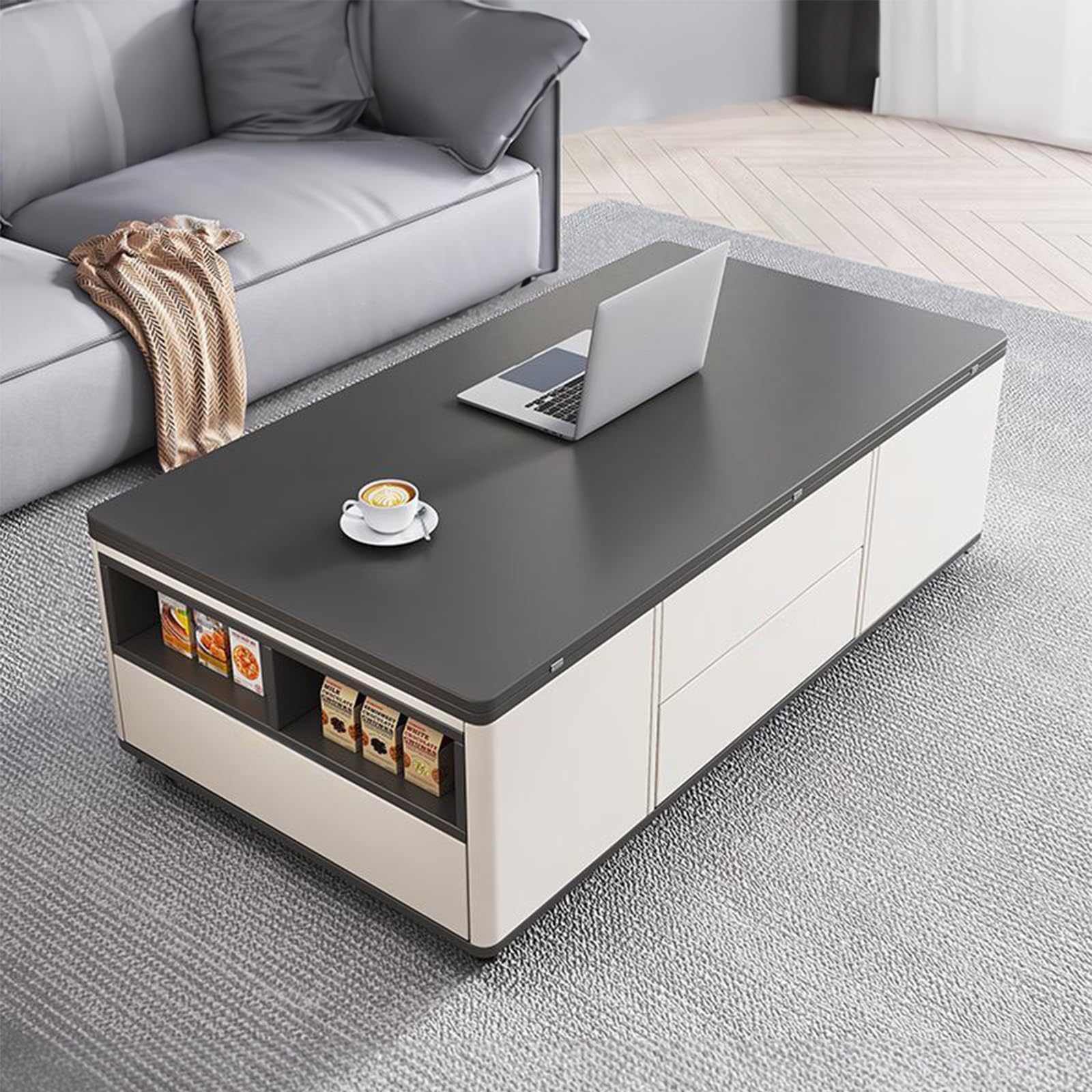 Lift-Top Coffee table dining table With 4 chairs, No assembly required, multi-functional extendable Convertible Center Table for Living Room Kitchen Apartment Home (120 * 60 * 47.5cm) (Black + White)