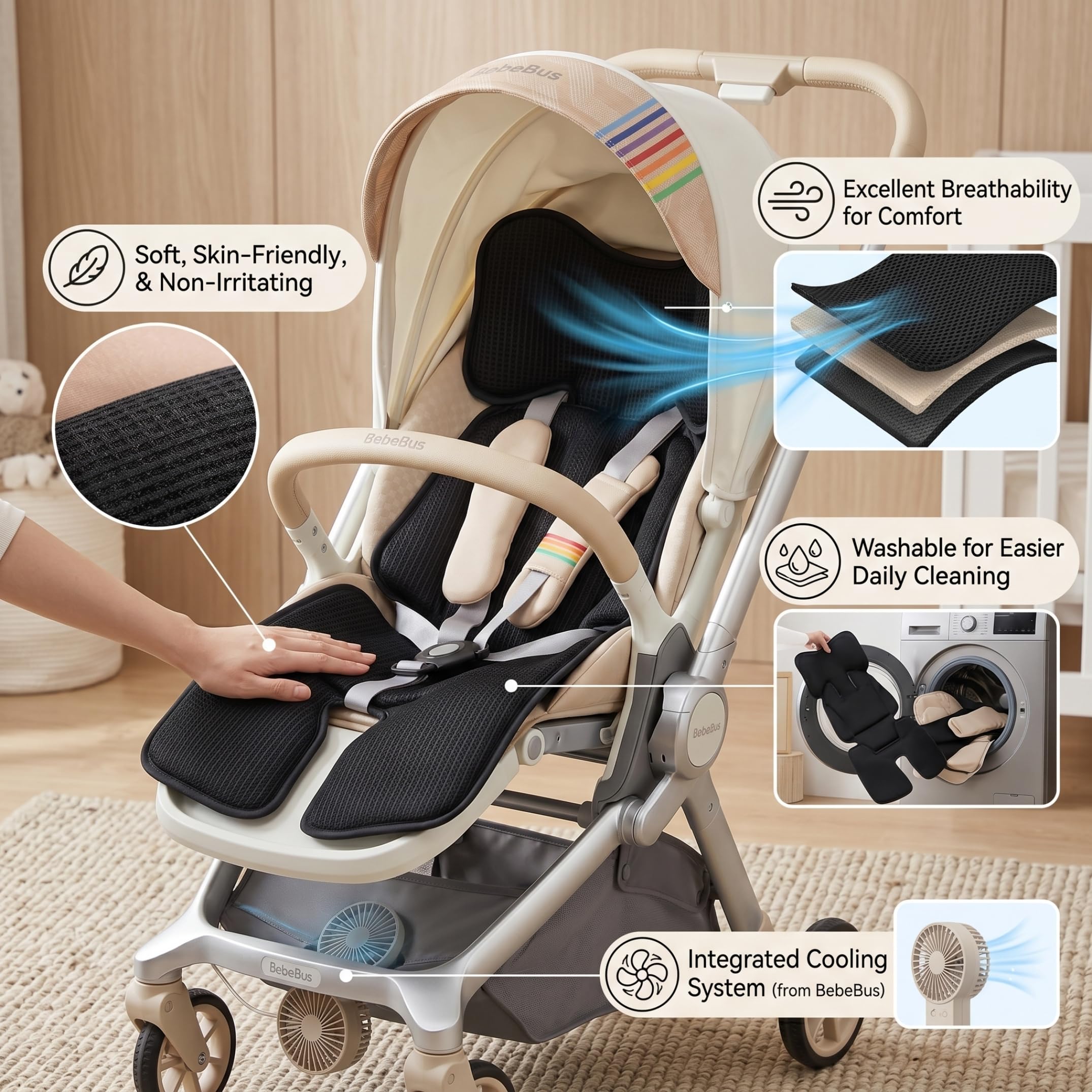 Tappetino di raffreddamento per passeggino, 32 × 15 pollici Tappetino di raffreddamento per bambini 3 velocità e 4 ventilatore incorporato Cuscino di ventilazione alimentato tramite USB Elementi