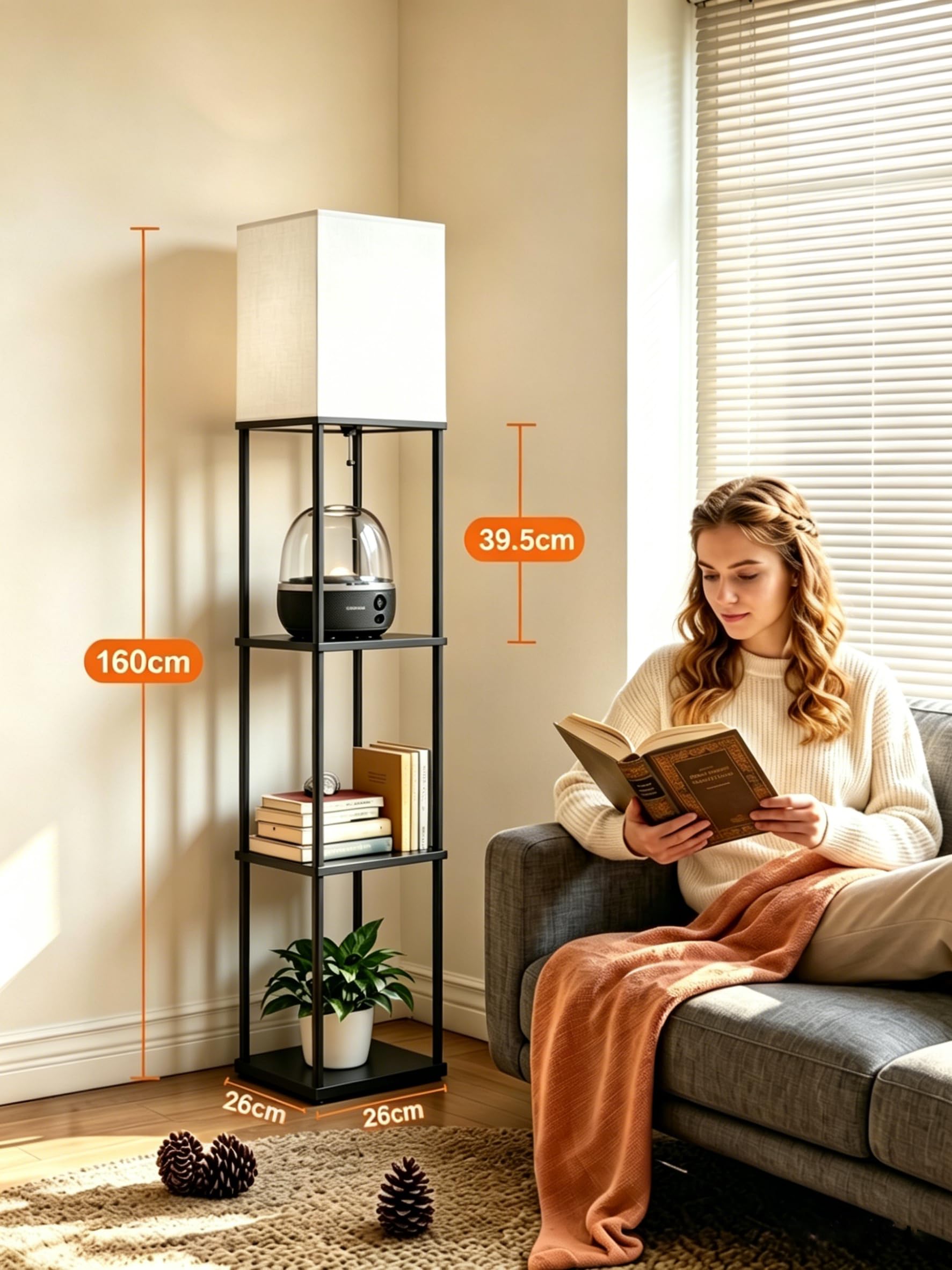 Aimosen Stehlampe mit Regal aus Holz & Metall, LED Stehleuchte mit 3 Farbtemperaturen, 3-stufiges Ablage-Regal, 9W E27 LED, moderne Stehlampe für Wohnzimmer Schlafzimmer Büro, Schwarz