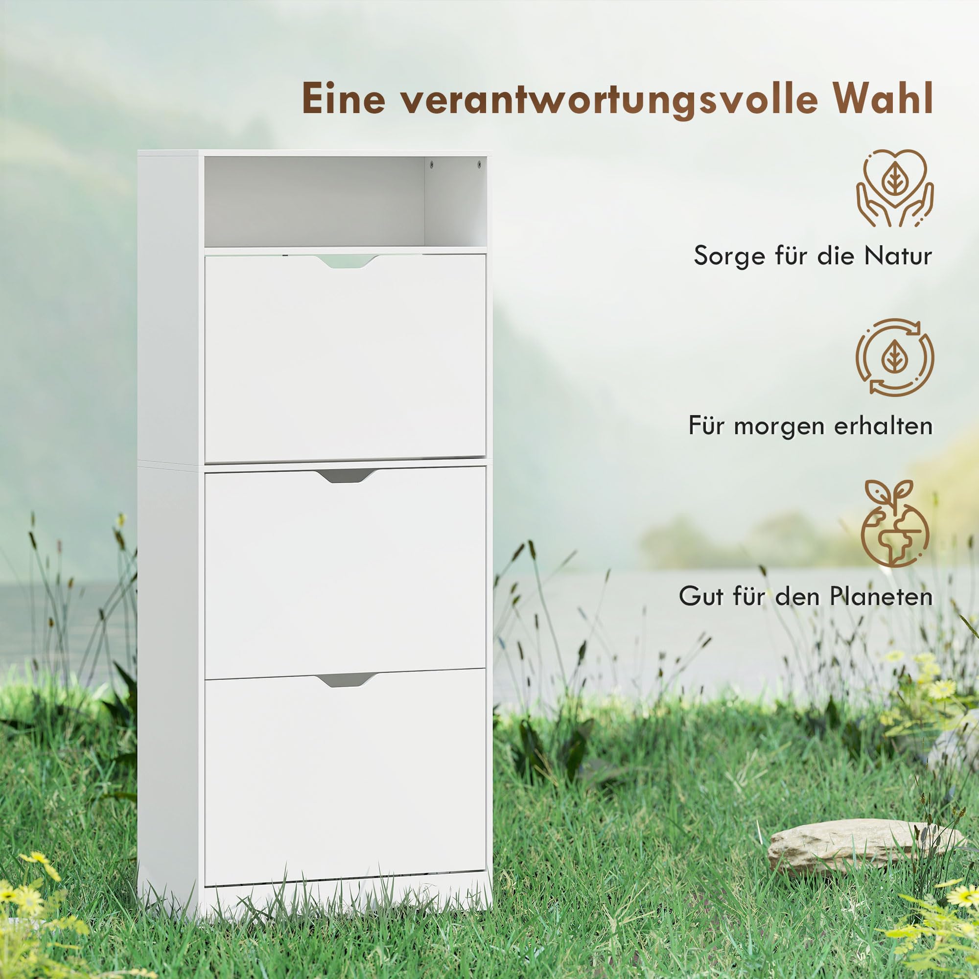 HOMCOM Schuhschrank mit 3 Klappen, Schmal Schuhkipper mit Ablage, Verstellbar Trennwand Schuhregal für 12-18 Paar Schuhe Schuhkommode für Flur, Eingang 60 x 26 x 140 cm, Weiß