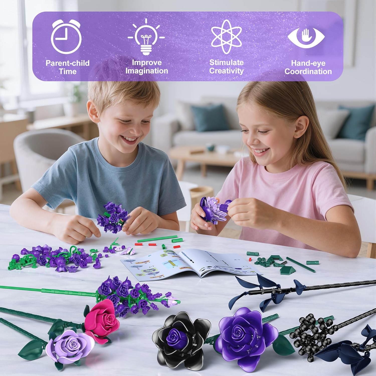 Ancesfun Purple Rose Building Blocks Set for Kids, 701PCS Flower Bouquet Toy, DIY Artificial Plant Gift for Girls, Women, Valentine's Day, Birthday, Mother's Day, Halloween Home Decor