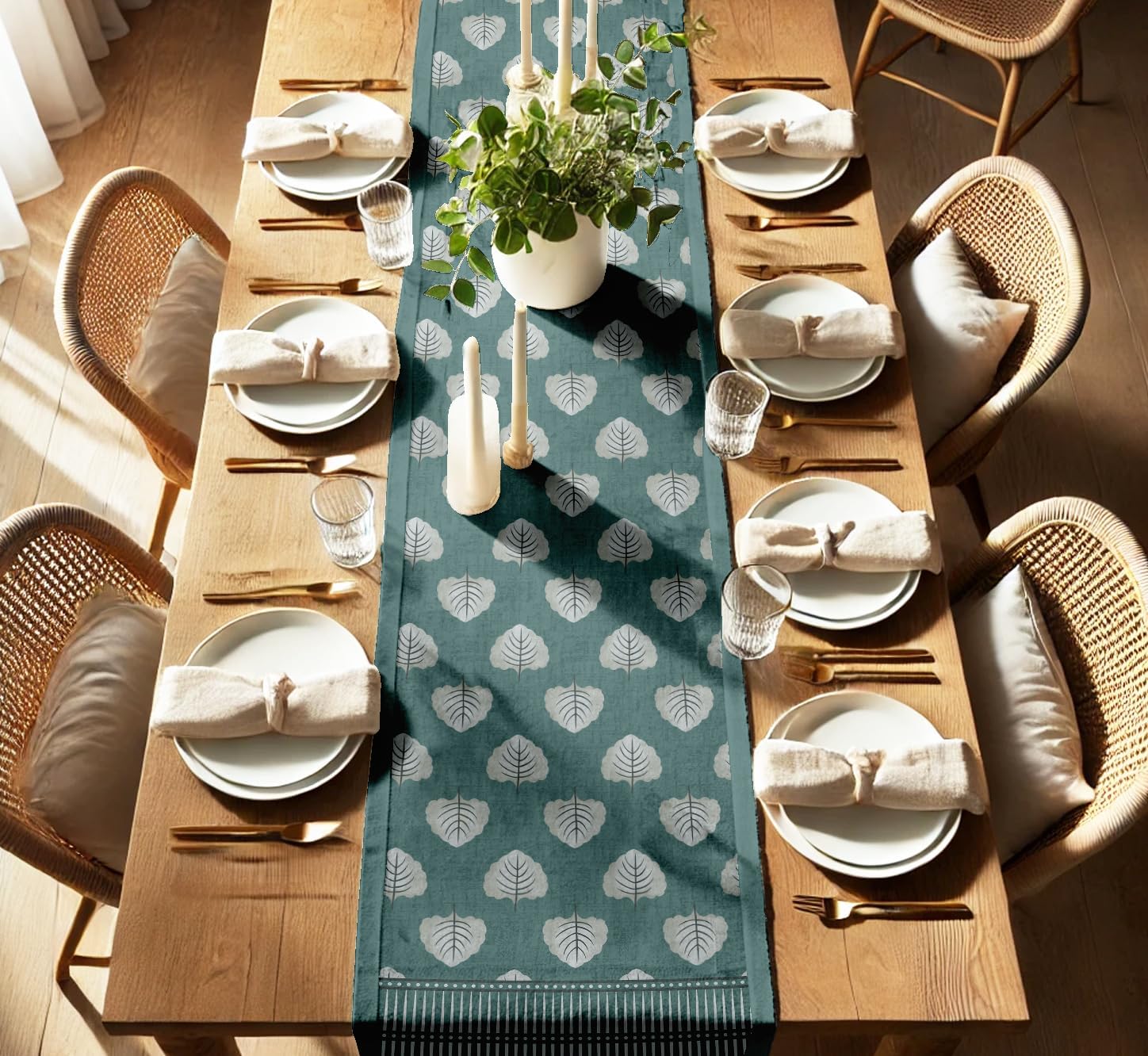 Premium Cotton Table Runner - Lightweight Double Layer - Border Design - Machine Washable Farmhouse Table Decor - Leaves