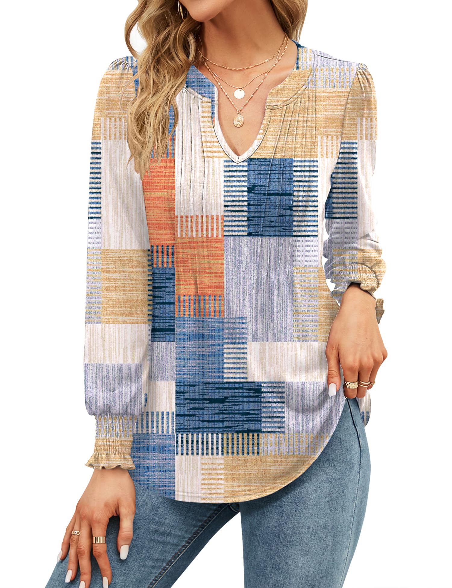Womens V Neck Tops Puff Short Sleeve T-Shirt Pleated Floral Printed Tunic Blouse Shirts — view 13