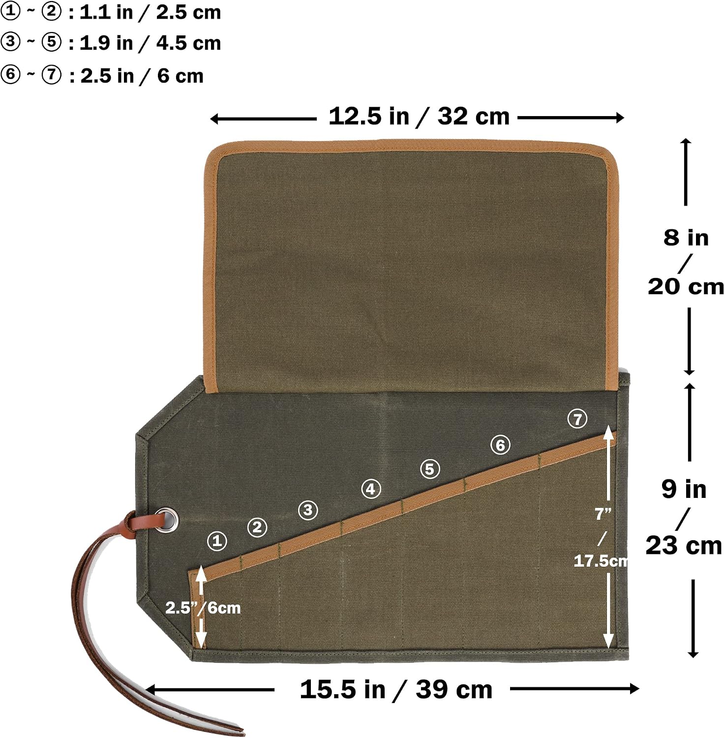 Wrench Roll Up Bag, Multi-Purpose Wrench Organizer Bag | 7 Slots & Leather Tie Rope, 16OZ Waxed Canvas Foldable Tool Pouch - Army Green image 2