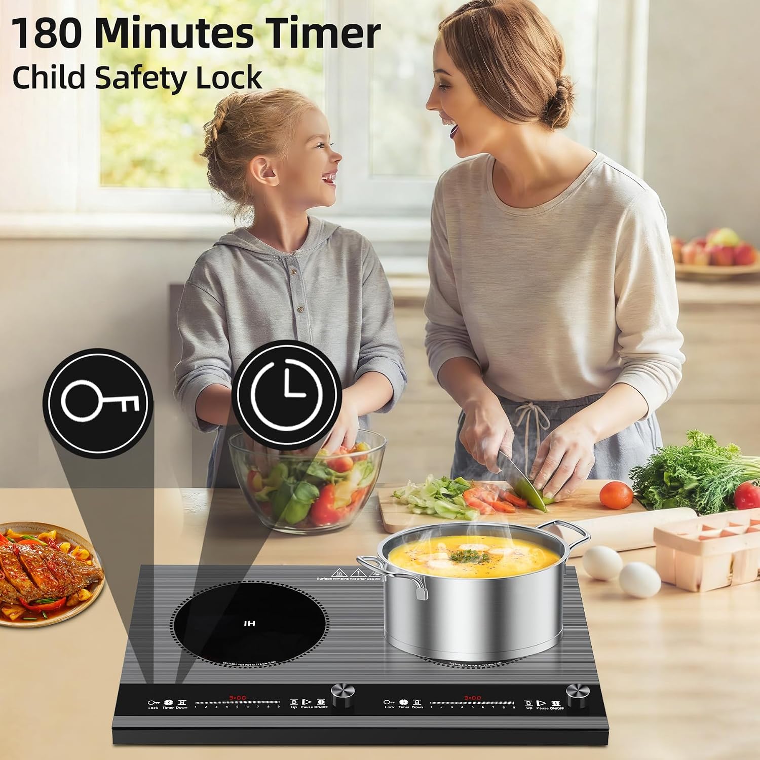 2 burner induction cooktop,110V 3000W 2 burner induction plate with Brushed Panel LED Knob Control, induction stove top with 9 Power Levels, Kids Lock & Timer,24 Inch double induction cooktop