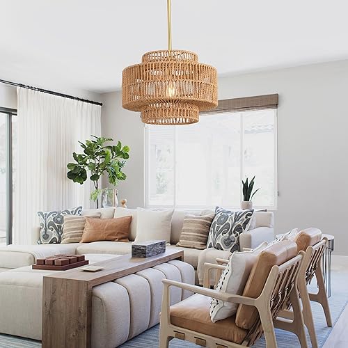 Miniatura 6 de Lámpara Colgante de Ratán de 12.4", Luminaria de Araña Boho de 1 Luz, Luminaria de Techo Colgante de Ratán Estilo Granja para Comedor, Sala de