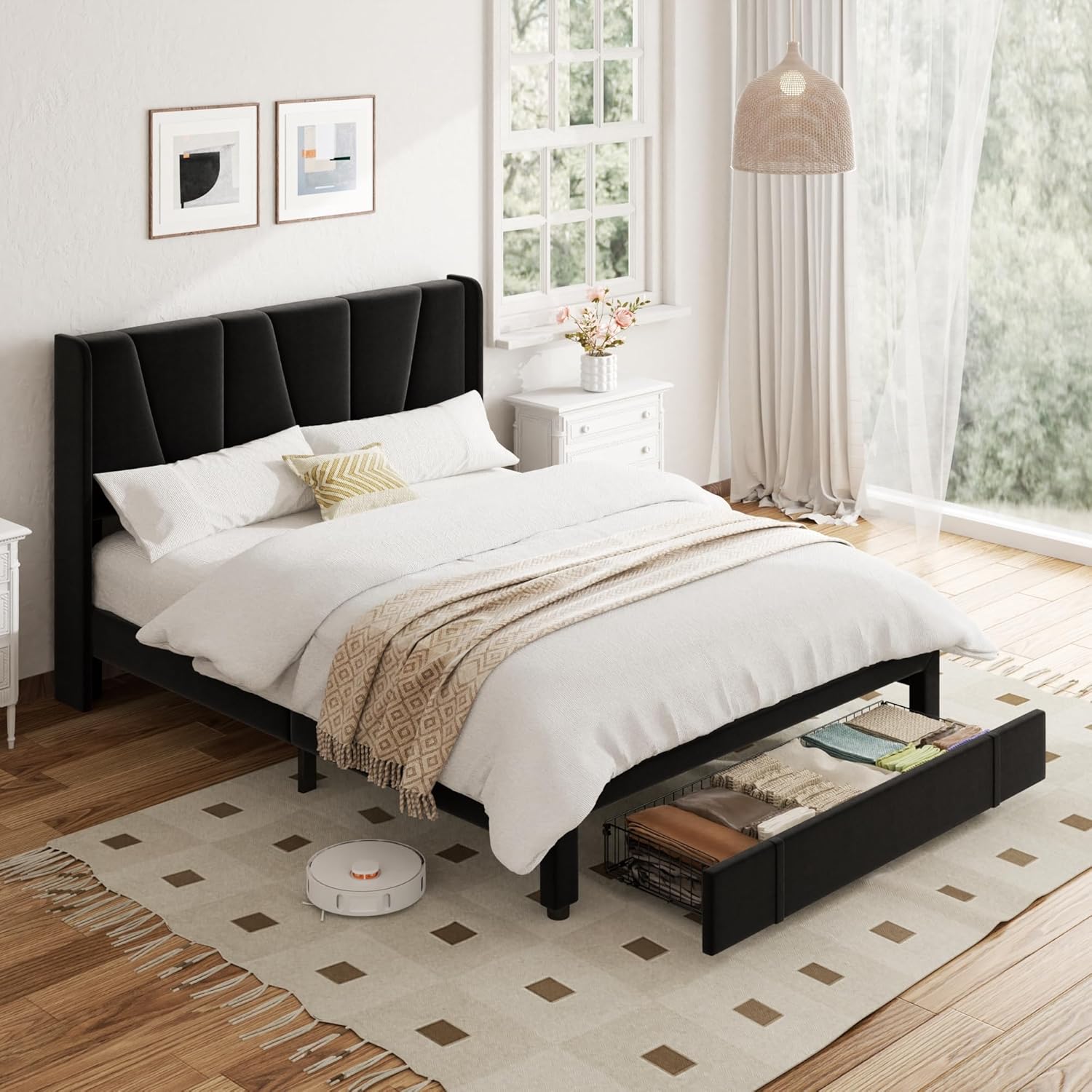 Queen Bed Frame with Storage Drawers, Upholstered Platform Bed with Wingback Headboard, Solid Wooden Slats Support, Easy Assembly, No Box Spring Needed, Black