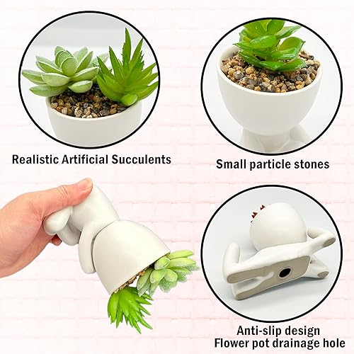 Miniatura 3 de uxsein Plantas suculentas falsas, decoración artificial, 4 piezas de suculentas artificiales en macetas, lindas plantas falsas en forma de humana,