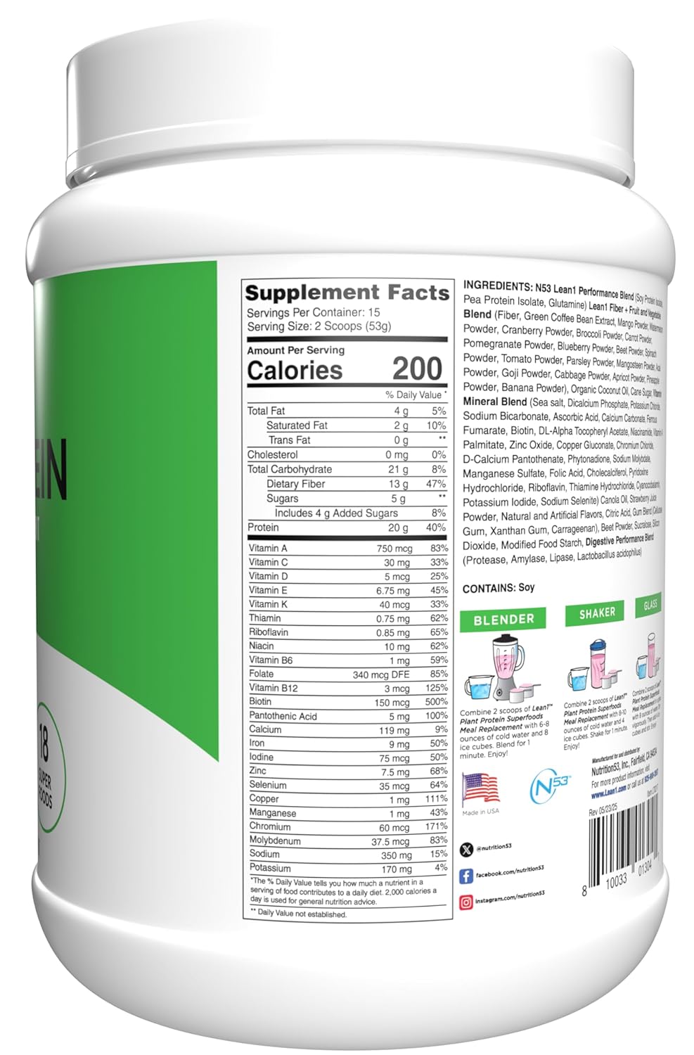 Lean1 Plant Based Protein Powder, Meal Replacement, strawberry flavor, 15 serving