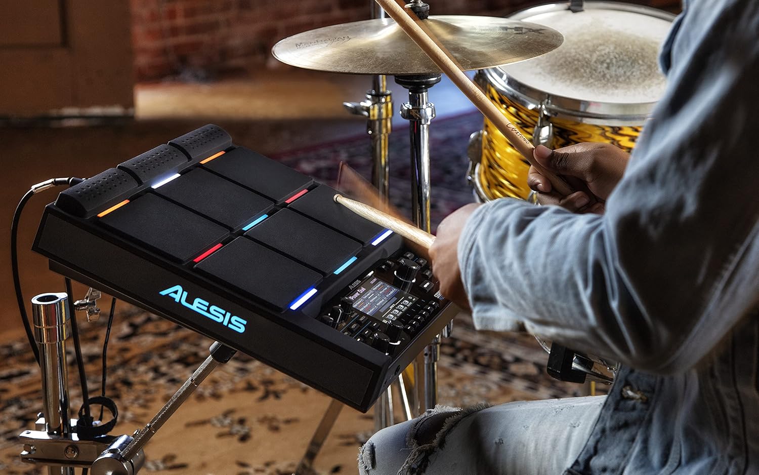 Alesis Strike Multipad + Multipad Clamp - 9-Trigger Percussion Pad with RGB Backlighting, Sampler, Looper, and Mounting System with 15-Inch Boom Arm