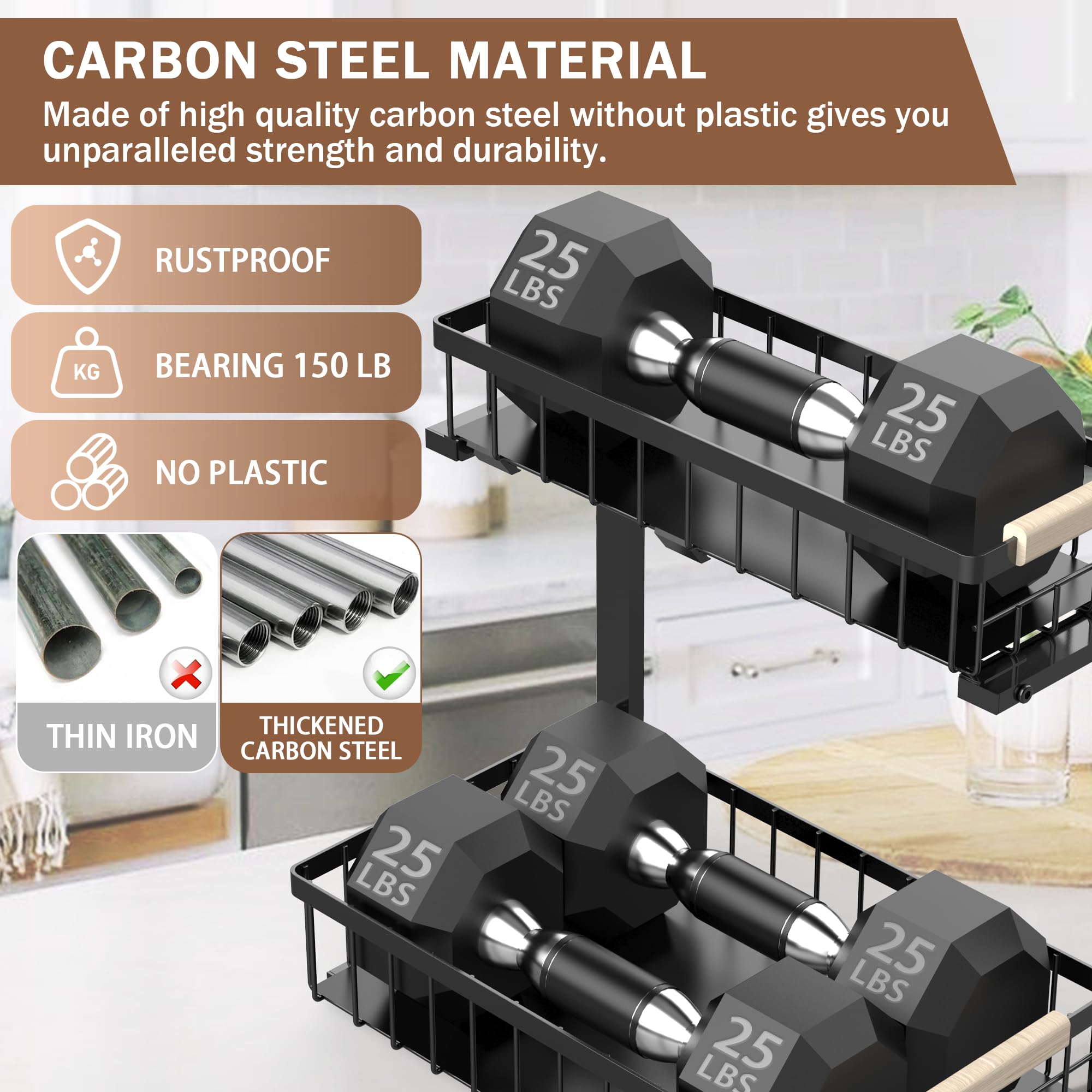 Turfson Kitchen Under Sink Organizer and Storage,2 Tier Pull Out Bathroom Cabinet Organizer 3 Adjustable Height Shelf Basket Organizer Extra Large Capacity Rustproof Steel Counter Organization