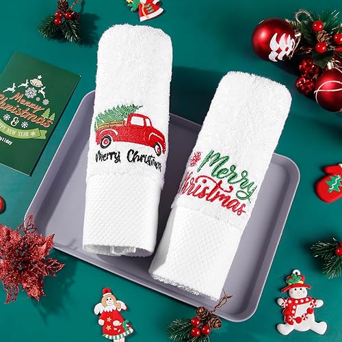 Miniatura 3 de Quera Paquete de 2 toallas de mano de Navidad para camión, árbol de Navidad, 100% algodón, bordadas, decoración de lujo de primera calidad, juego de