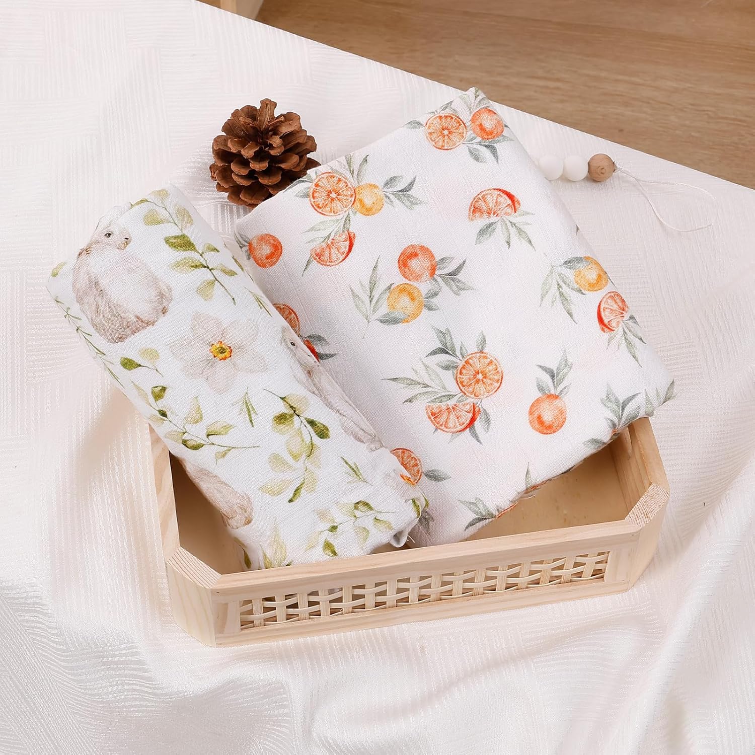Premium Baby Muslin Blankets Best Swaddle for Newborn Multi-Purpose and Unisex Softest Deluxe Muslin Swaddle Blankets and Oversized 47"x43" (Pack of 2) (Orange-Bunny)