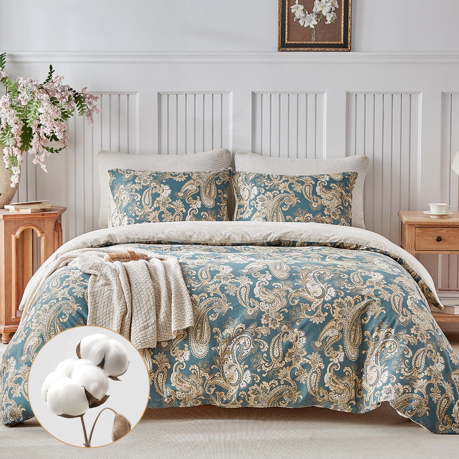 Lekesky Duvet Cover Set for Double Bed 240 x 220 cm, Cotton, 3-Piece, Paisley Pattern, Made of Cotton, Includes 1 Duvet Cover 240 x 220 cm + 2 Pillowcases 50 x 80, Mustard Paisley — image 1