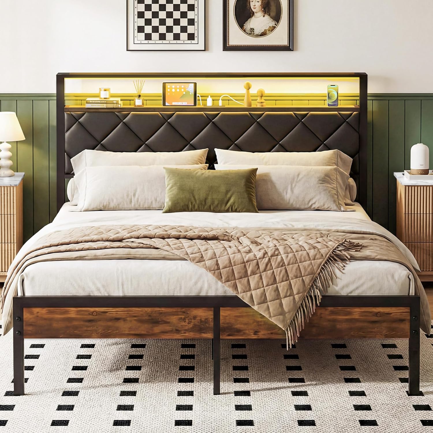 Lofitage Queen Bed Frame with Storage Headboard and Footboard, Metal Platform Bed Frame with Charging Station and LED Lights, Noise Free & Easy Assembly, Upholstered Headboard, No Box Spring Needed.