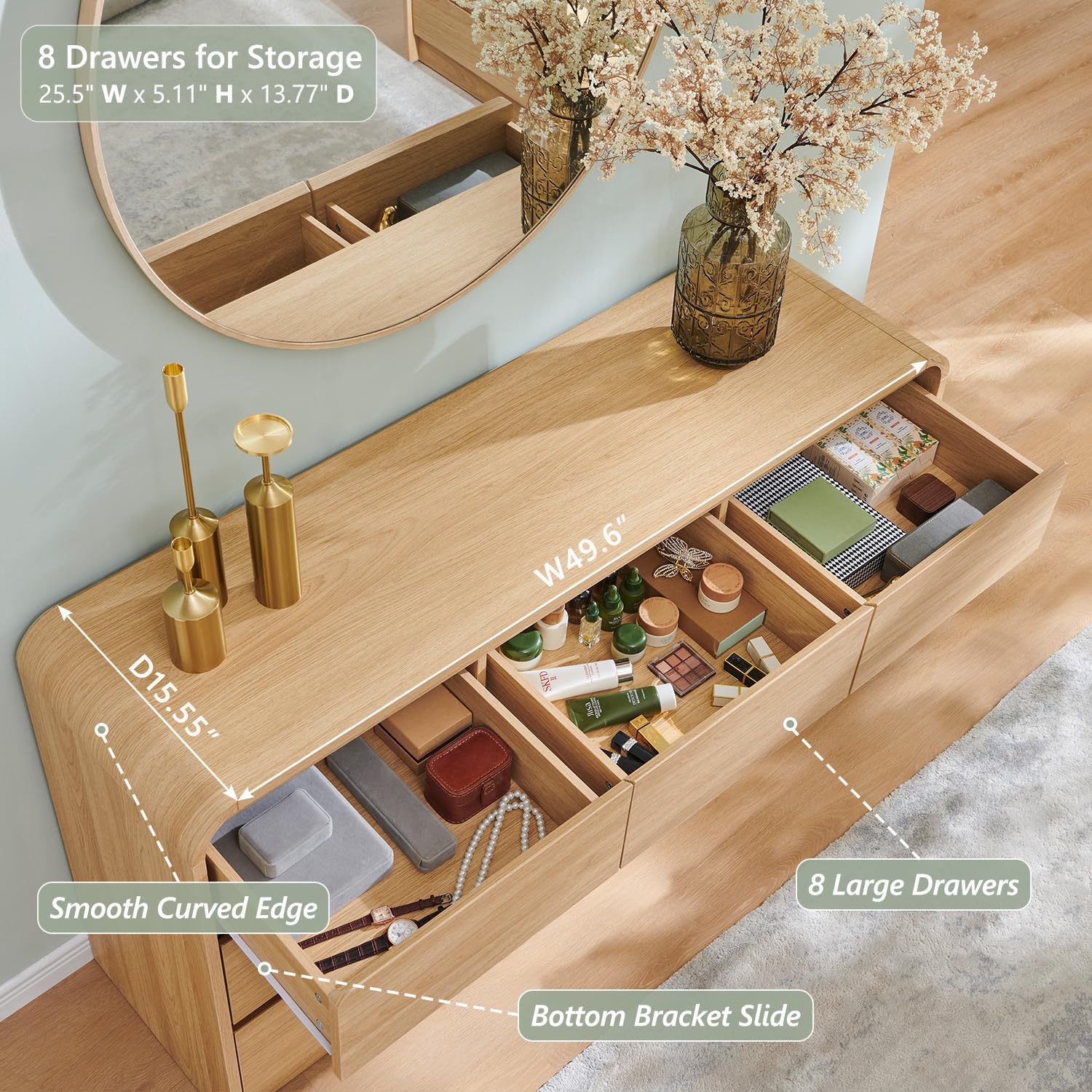 Modern 8 Drawers Dresser for Bedroom, 55" Wide Dressers & Chest of Drawers w/Curved Profile Design, Wood Mid Century Storage Dressers Organizer for Bedroom, Living Room, Natural Oak Natural 15.5"D x 55.1"W x 30.7"H