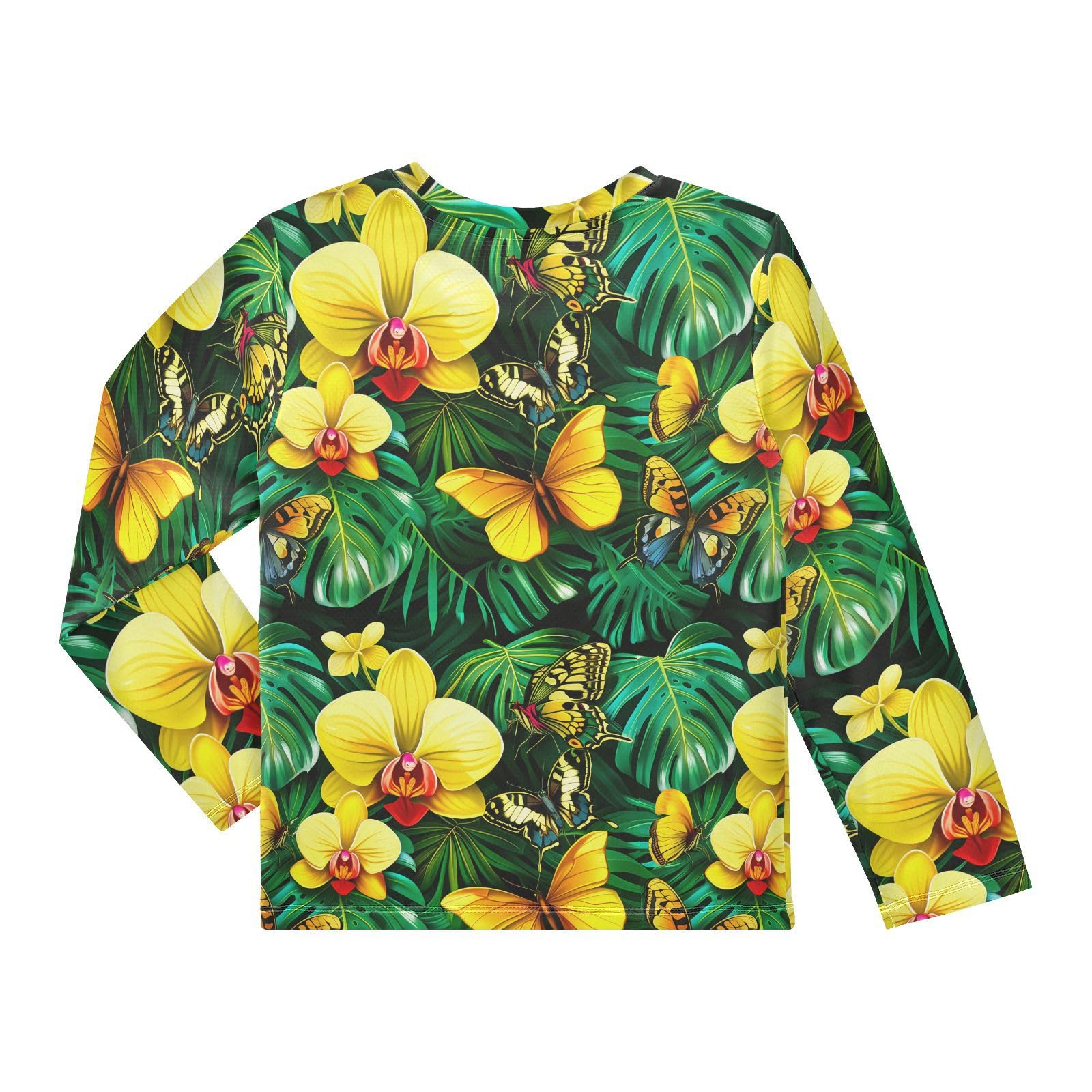 DOMIKING Butterfly Monstera Leaves Black Boys Long Sleeve Rashguard Shirt Kids Quick Dry Swim Shirt for Kids Toddler 11-12T