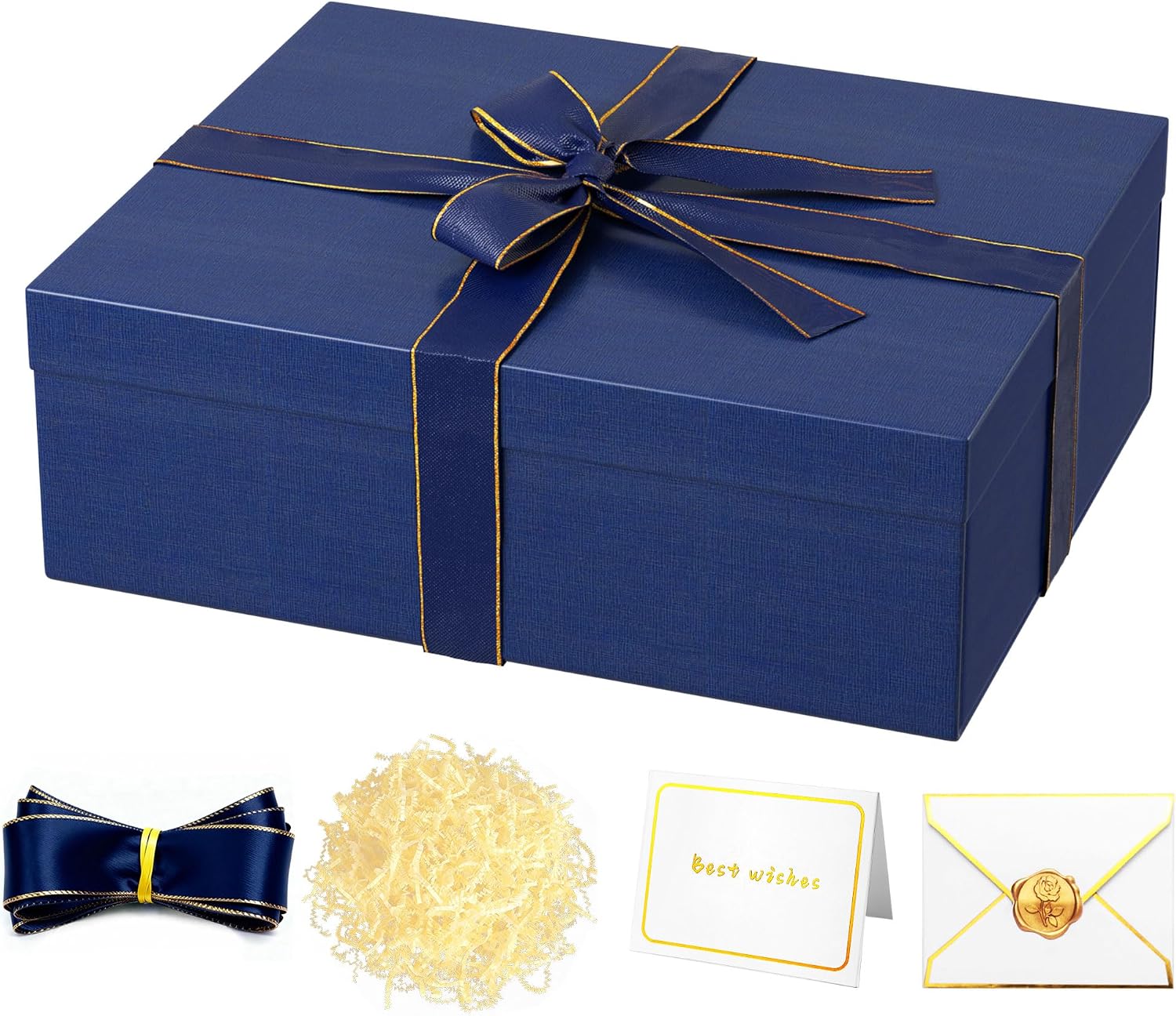 JOYIT Blue Gift Box 16.5''x13''x5.5'' - Large Gift Boxes with Lid for Presents Packaging, Birthday, Christmas, Wedding, Anniversary, Big Gift Box with Ribbon, Shred Filler, Card, Wax Seal (Blue)