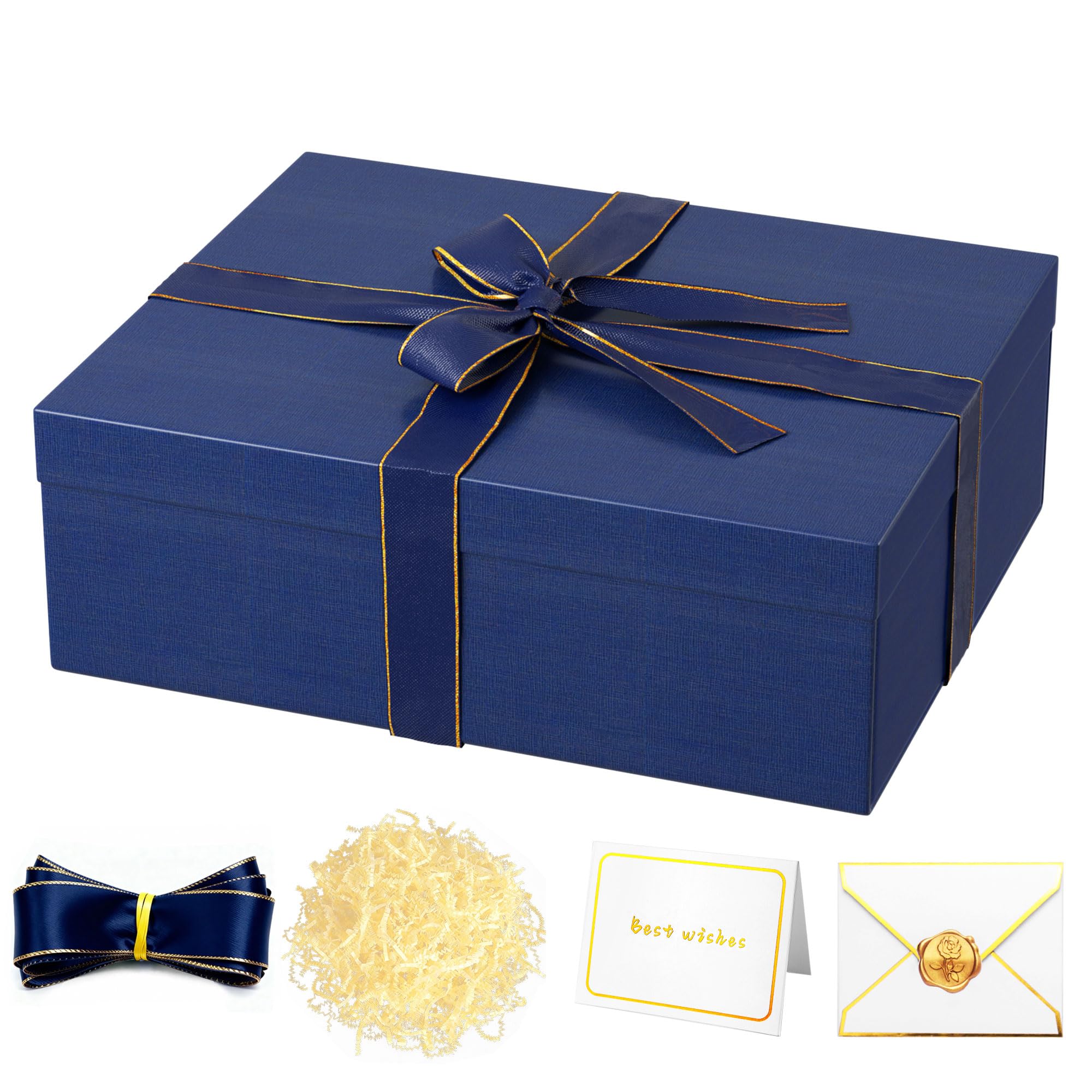 JOYIT Blue Gift Box 16.5''x13''x5.5'' - Large Gift Boxes with Lid for Presents Packaging, Birthday, Christmas, Wedding, Anniversary, Big Gift Box with Ribbon, Shred Filler, Card, Wax Seal (Blue)