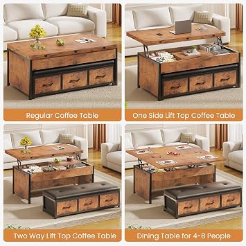Itaar Lift Top Coffee Table Set, 43'' Multi-Function Coffee Table with Storage Drawers and Hidden Compartment, Center Table with Ottoman Bench for Living Room, Rustic Brown