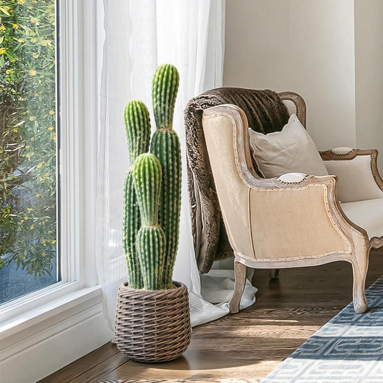 2.5ft Artificial Cactus Plants Outdoor, Tall Fake Cacti Plant in Brown Pot, Faux Floor Plant for Home Office Hotel Indoor Patio Balcony or Garden Desert Decor