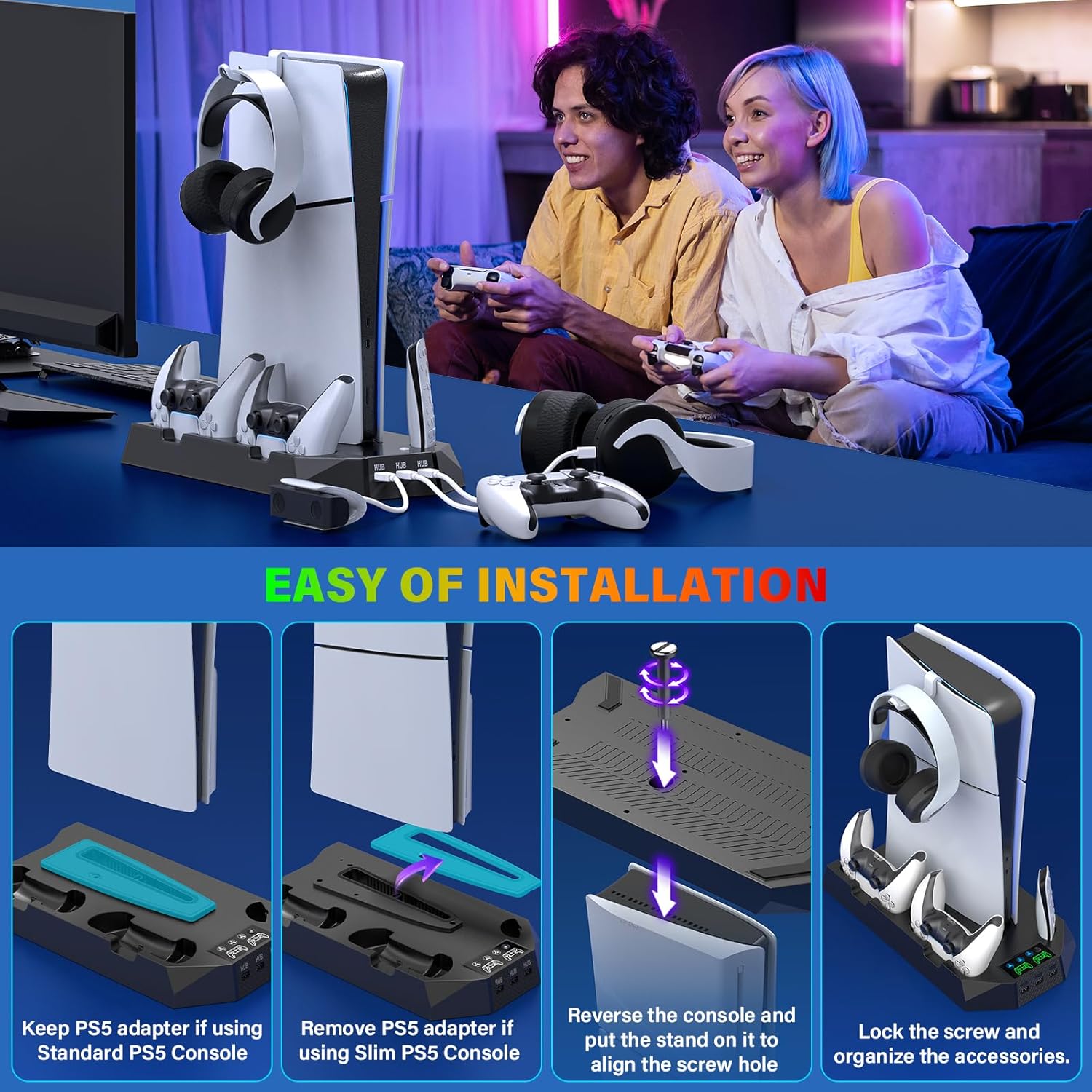 PS5/Slim/Pro Cooling Station with Controller Charging Station for PlayStation 5 Slim/Pro Console, PS5 Cooling Stand Cooler Accessories Incl Cooling Fan, 3 USB Hubs, Headset Holder, Screw - Black