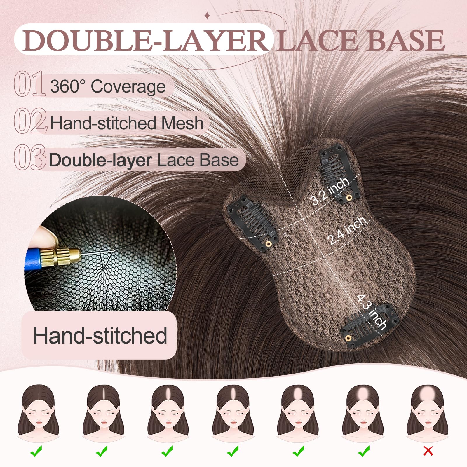 SEGOHAIR Hair Toppers for Women Human Hair Double-Layer Hand-stitched 360°3D Coverage Clip in Fringe Natural for Thinning Hair Add Volume 11inch Dark Brown,21g - Image 3
