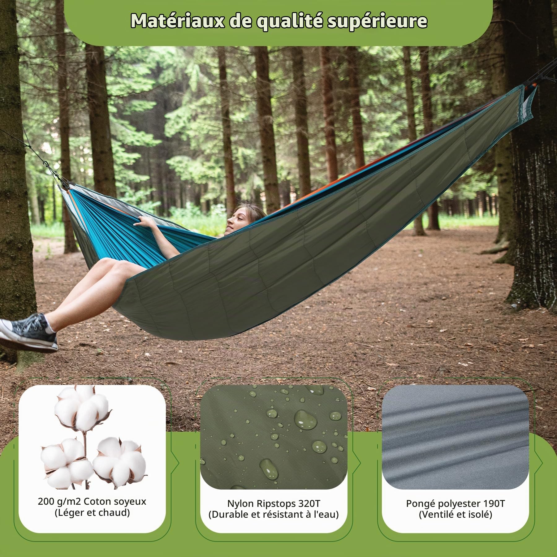 REDCAMP Hamac Underquilt, couverture chaude pour l'hiver - En coton ultra léger - Pour hamac, extérieur, randonnée, camping, voyage, sac à dos - Vert