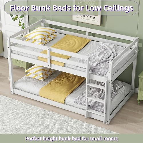 Miniatura 24 de Litera baja individual sobre individual, base de cama de madera maciza con escalera y barandillas de seguridad, literas individuales para niños y