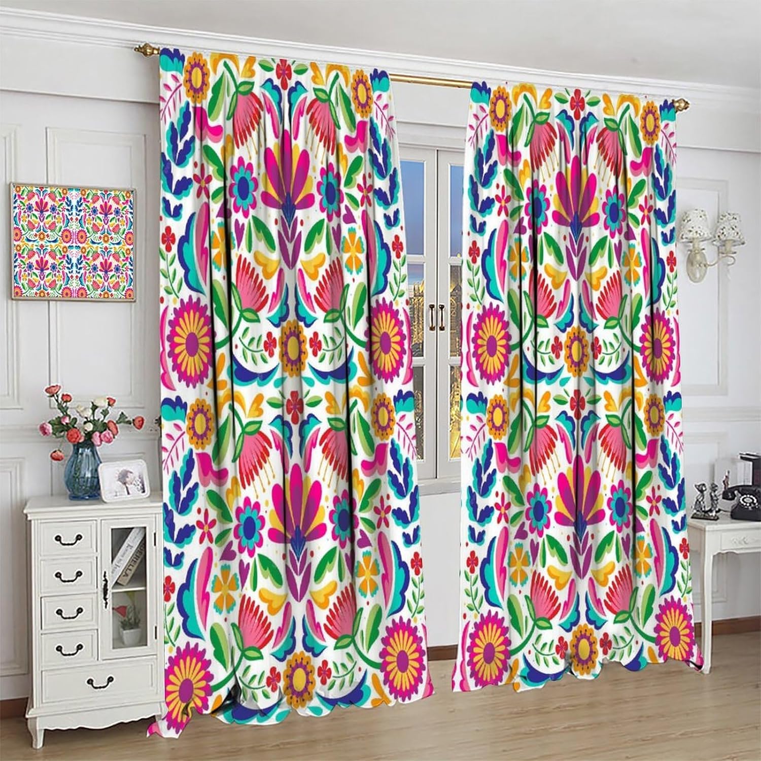 Mexico Element Curtain,Traditional Mexican Birds Style Paisley Flowers Ethnic Window Treatments for Bedroom Living Room Set 2 Panels,52x84 Inches Blackout