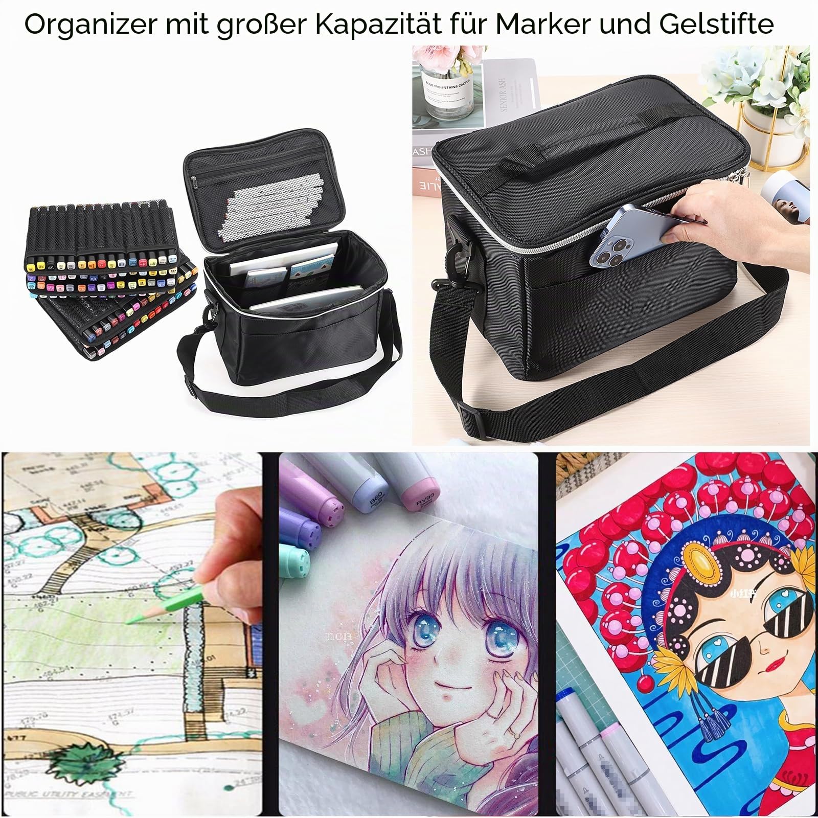 BTSKY Aufbewahrungstasche Mit Großer Kapazität für 120 Marker - Canvas-Tragetasche Mit Schultergurt für Copic-Skizzenmarker - Multifunktionale Kosmetiktasche